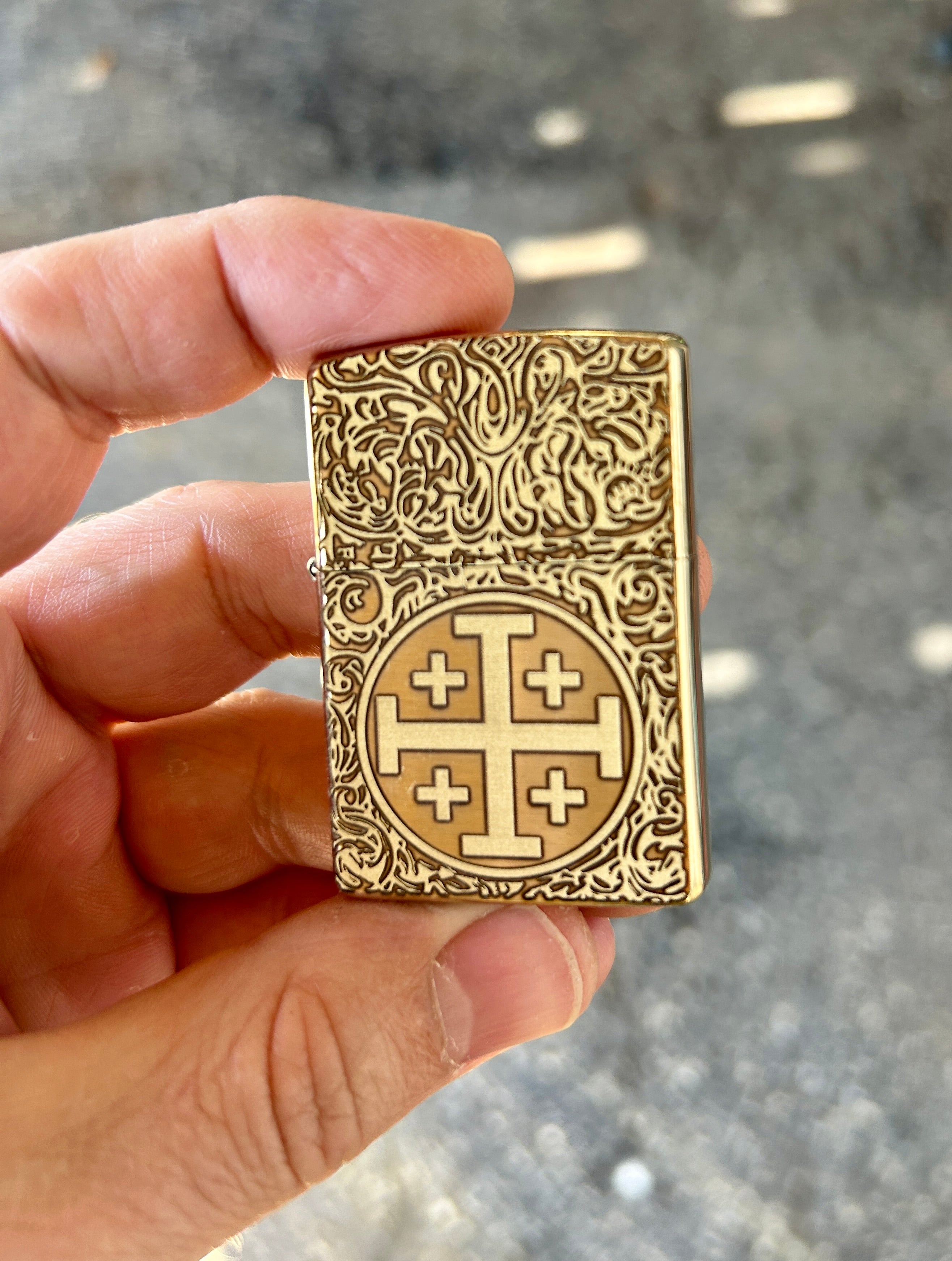 Engraved Brass Zippo Lighter | Jerusalem Cross | Made in the USA | Solid Brass Armor Case