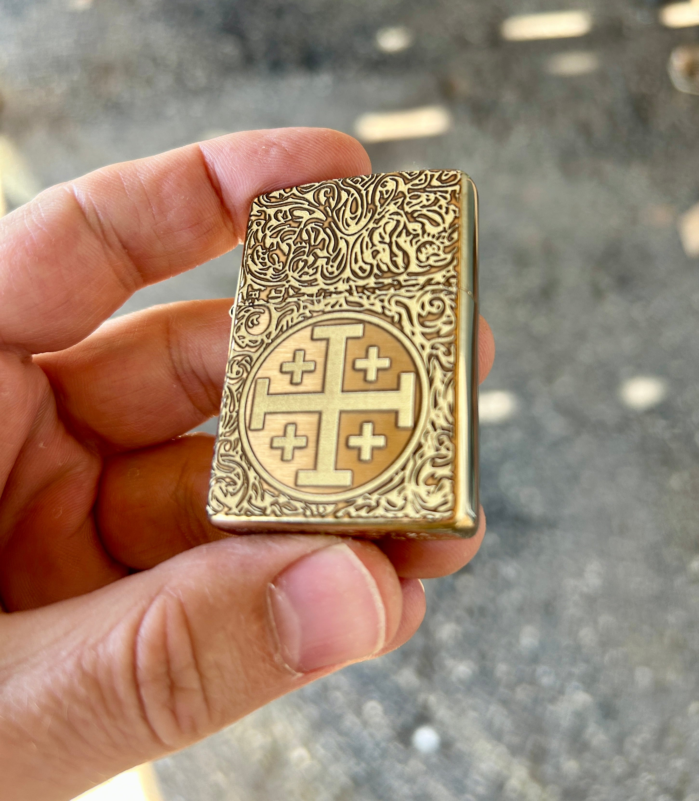 Engraved Brass Zippo Lighter | Jerusalem Cross | Made in the USA | Solid Brass Armor Case