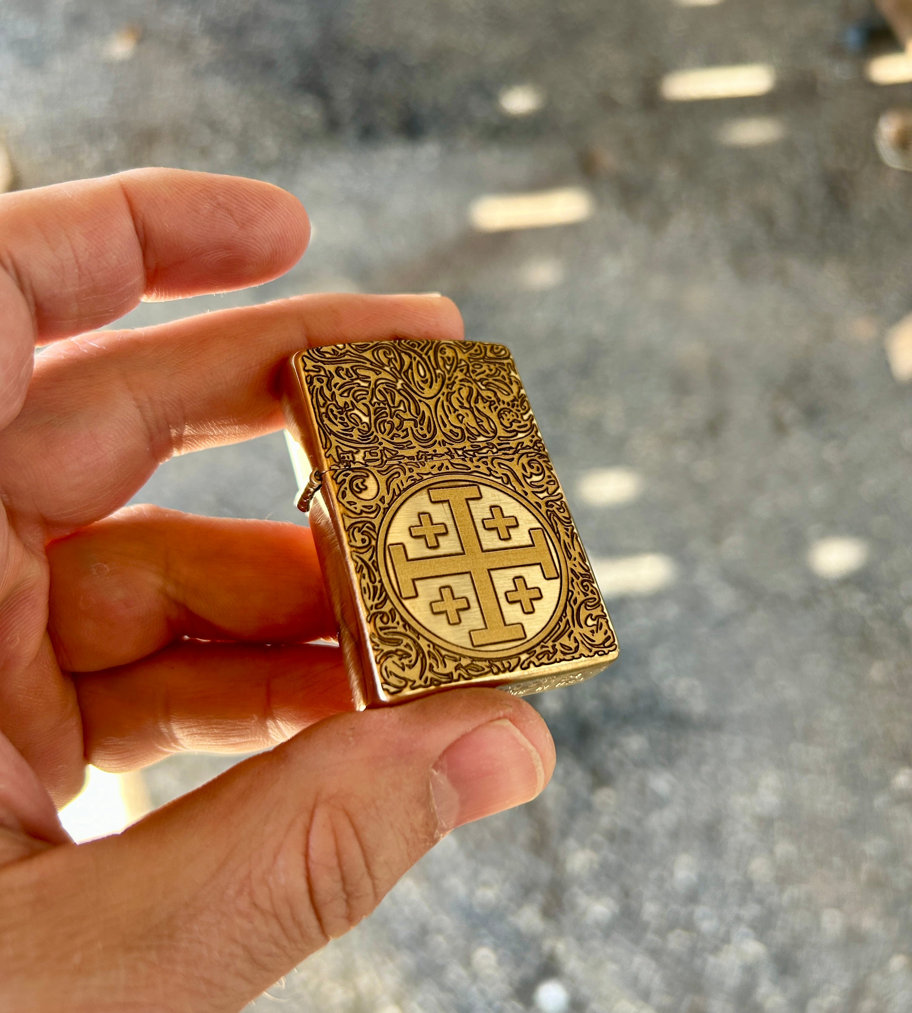 Engraved Brass Zippo Lighter | Jerusalem Cross | Made in the USA | Solid Brass Armor Case