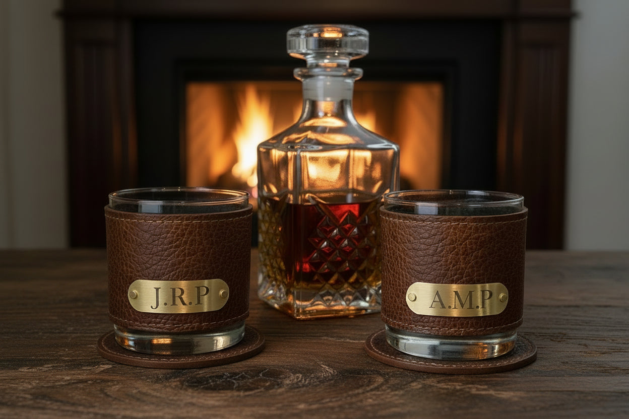 Two shot glasses with leather sleeves and  brass nameplates on a wooden surface.