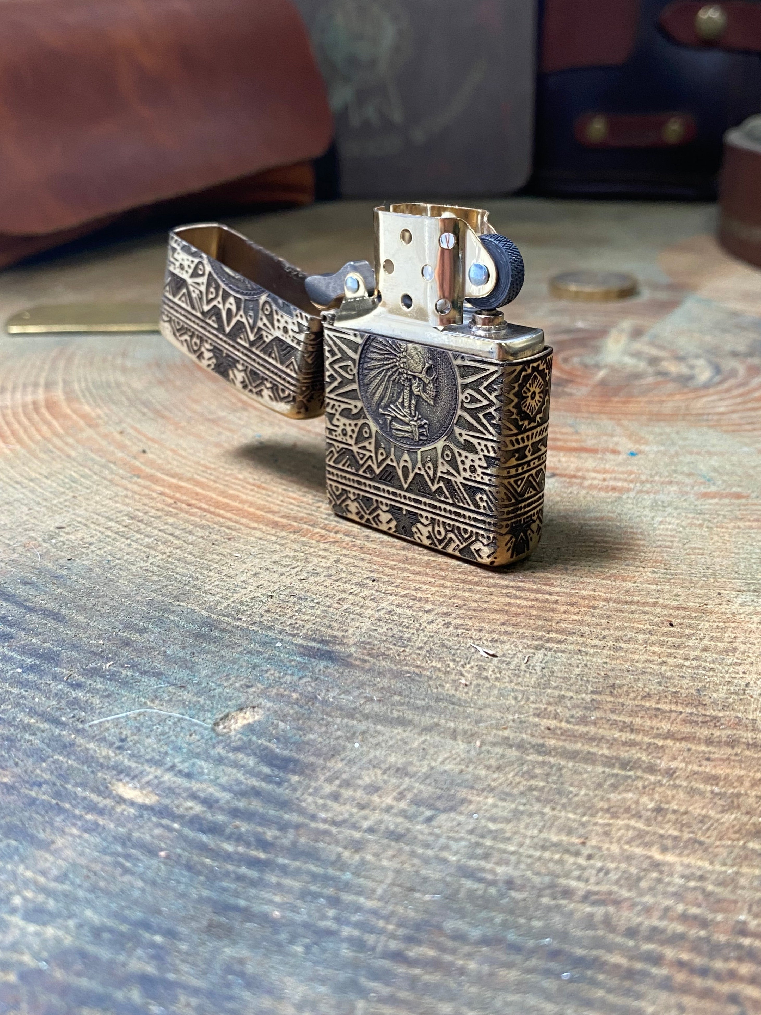 Aztec Warrior Skull 3D | 4 Side Engraved | Brass Armor Zippo