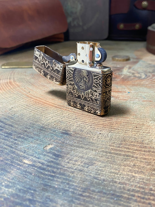 Aztec Warrior Skull 3D | 4 Side Engraved | Brass Armor Zippo