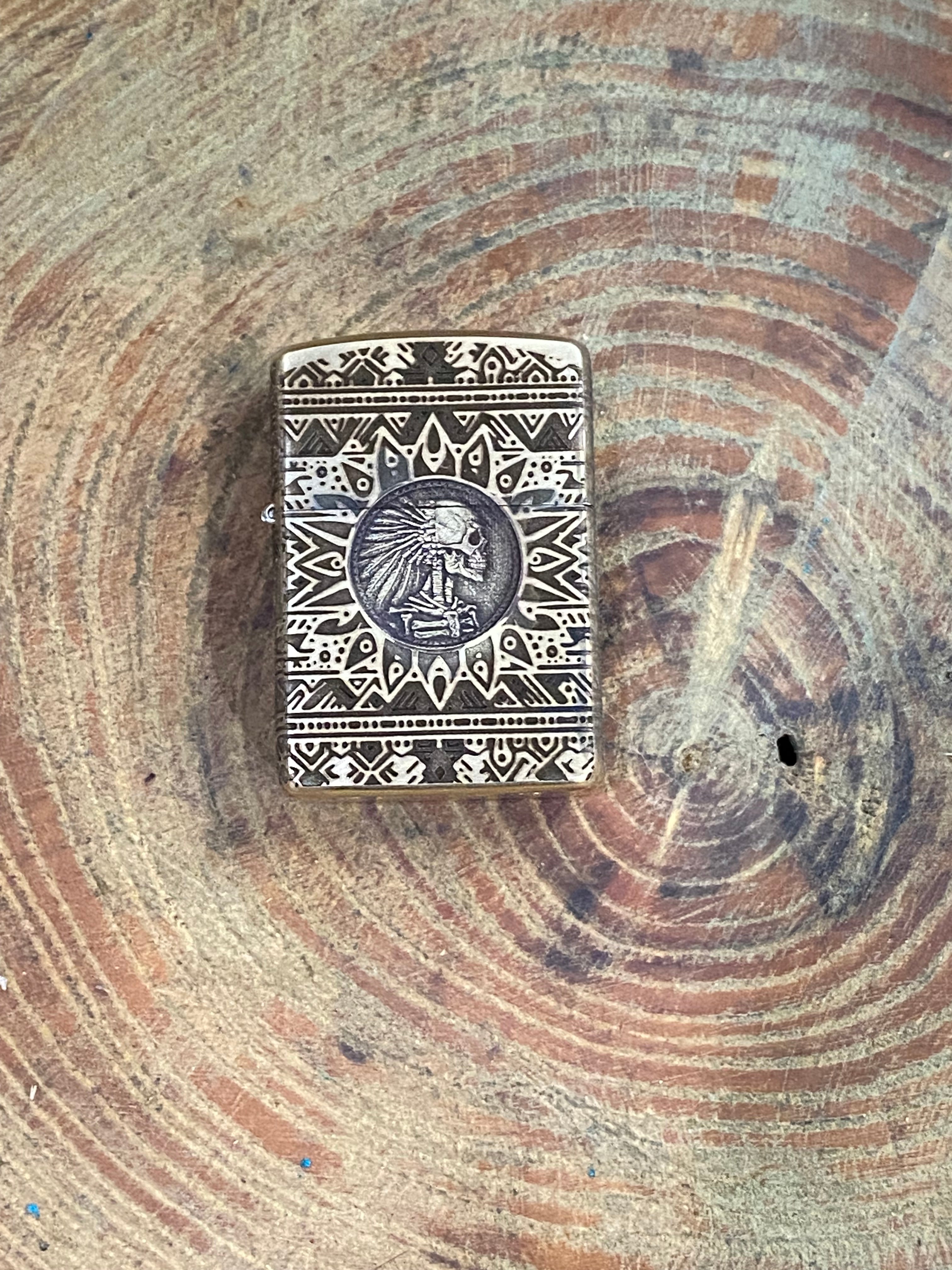 Aztec Warrior Skull 3D | 4 Side Engraved | Brass Armor Zippo