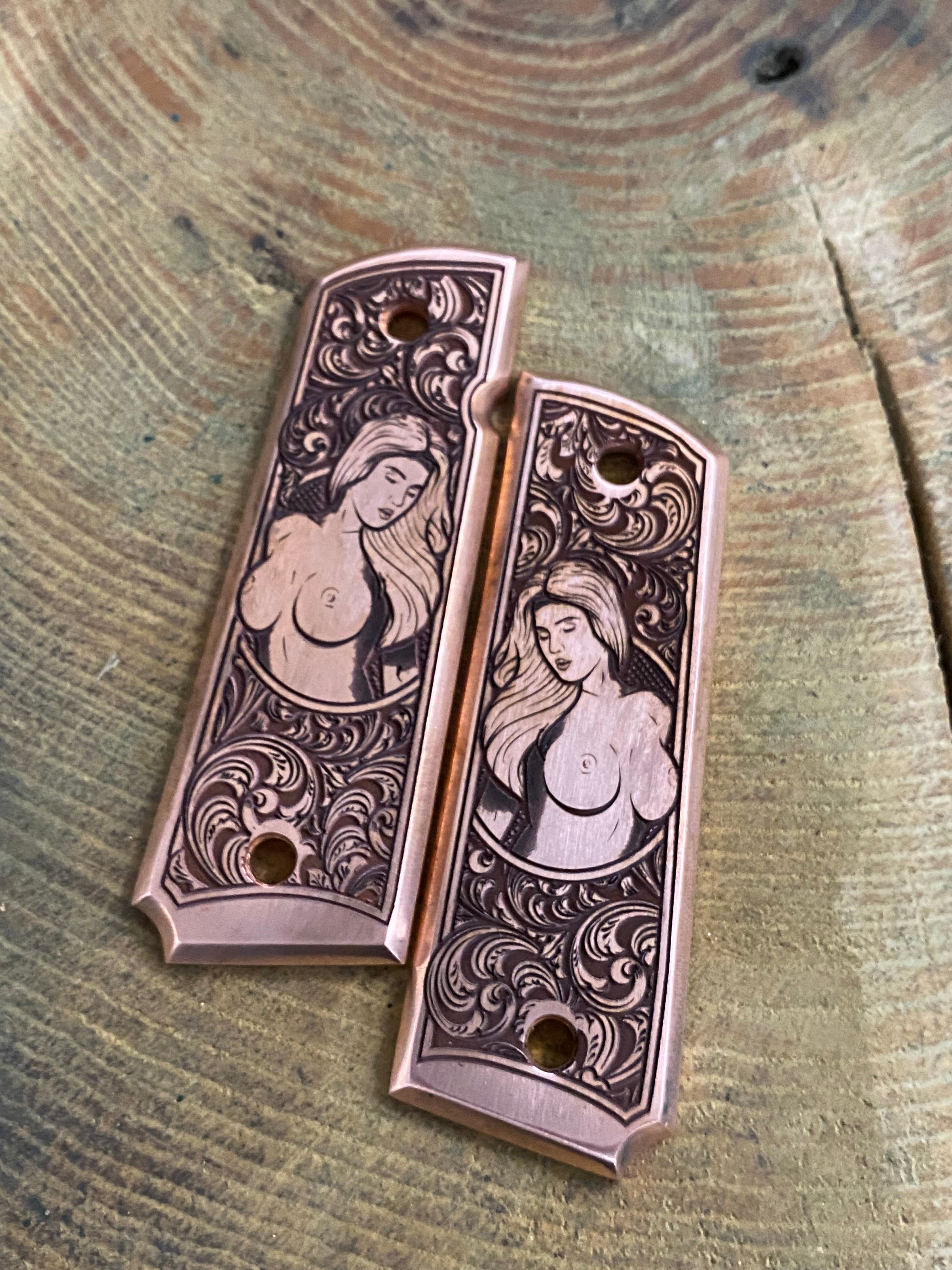 Copper Engraved 1911 Full Size Grips - Pinup Girl Design - Made in USA