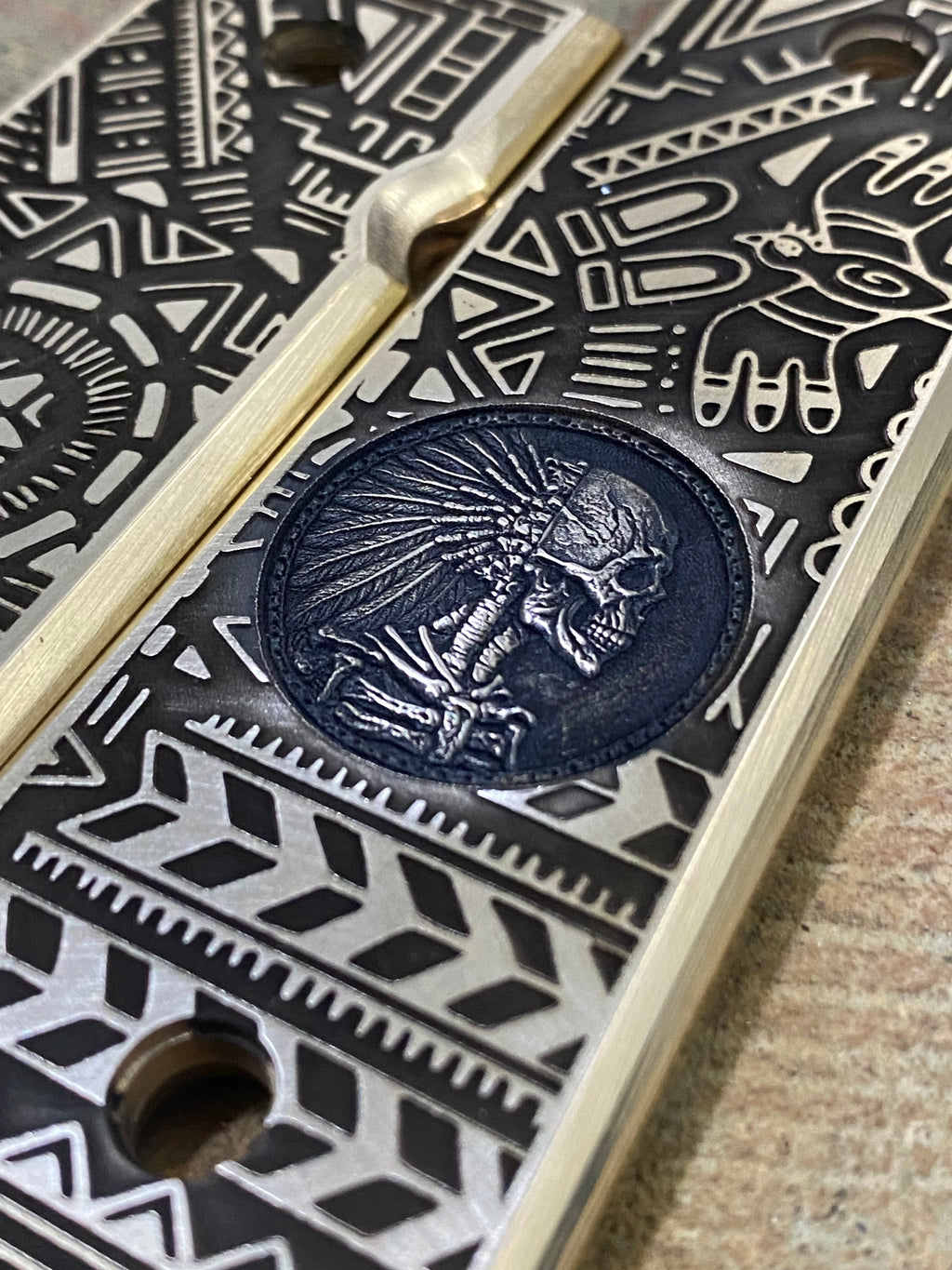 1911 Full Size Brass Engraved Grips – Aztec Big Chief Design | Made in USA |