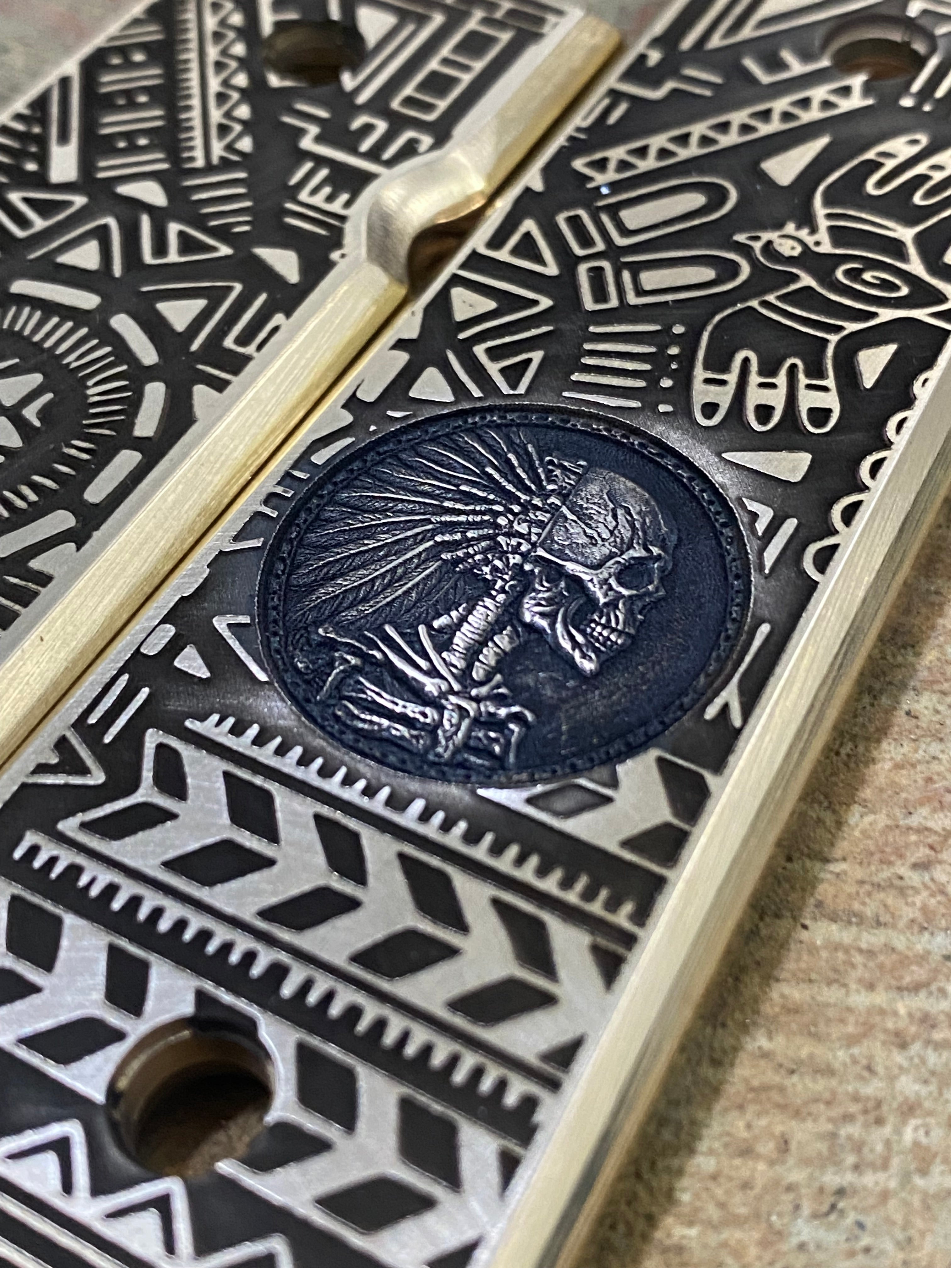 1911 Full Size Brass Engraved Grips – Aztec Big Chief Design | Made in USA |