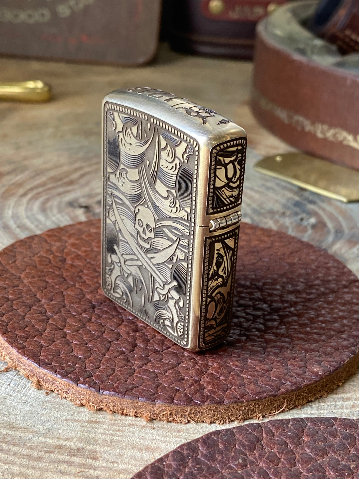Blackbeard Jolly Roger Filigree | 5 Side Engraved | Brass Armor Zippo