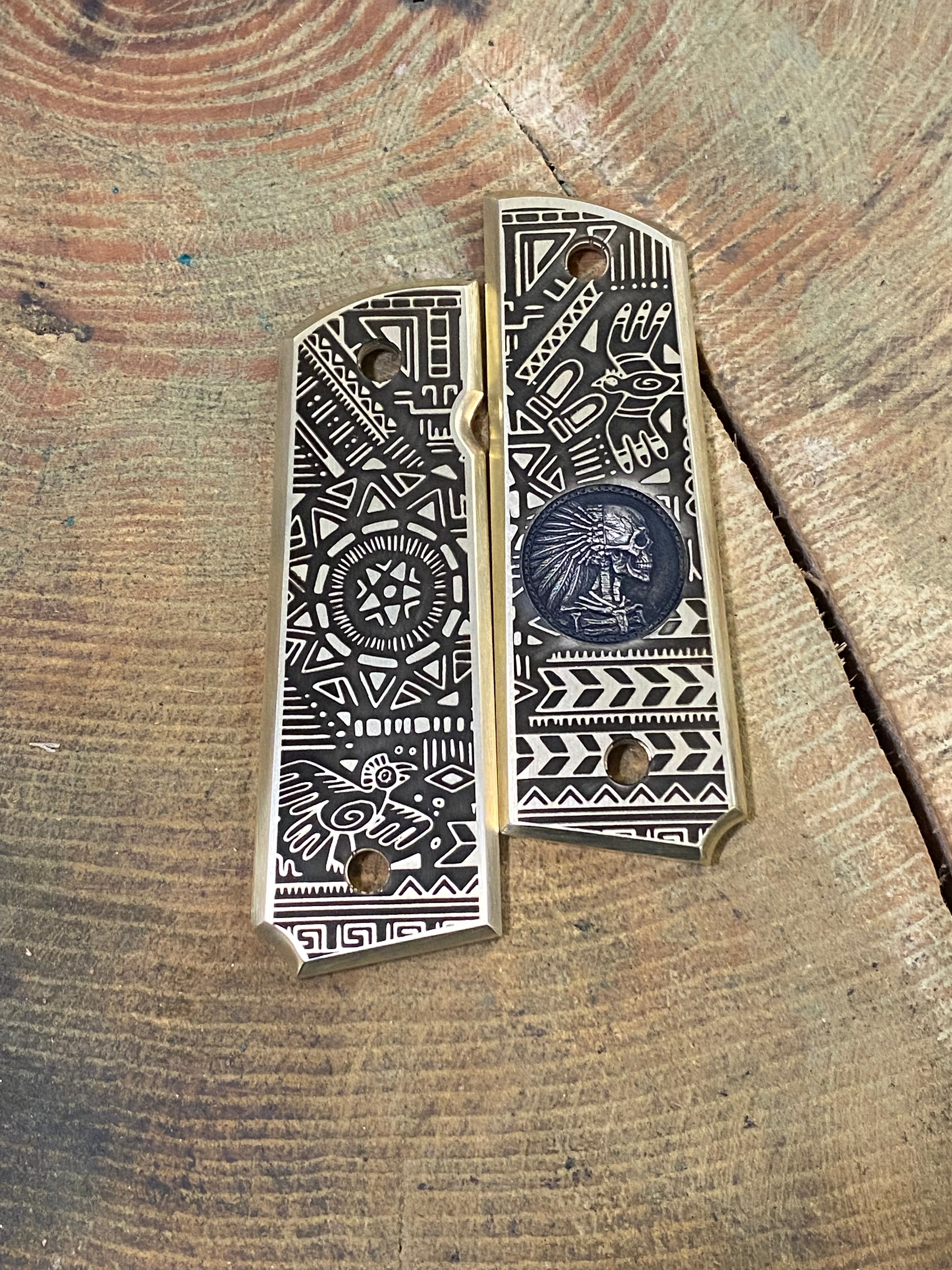 1911 Full Size Brass Engraved Grips – Aztec Big Chief Design | Made in USA |