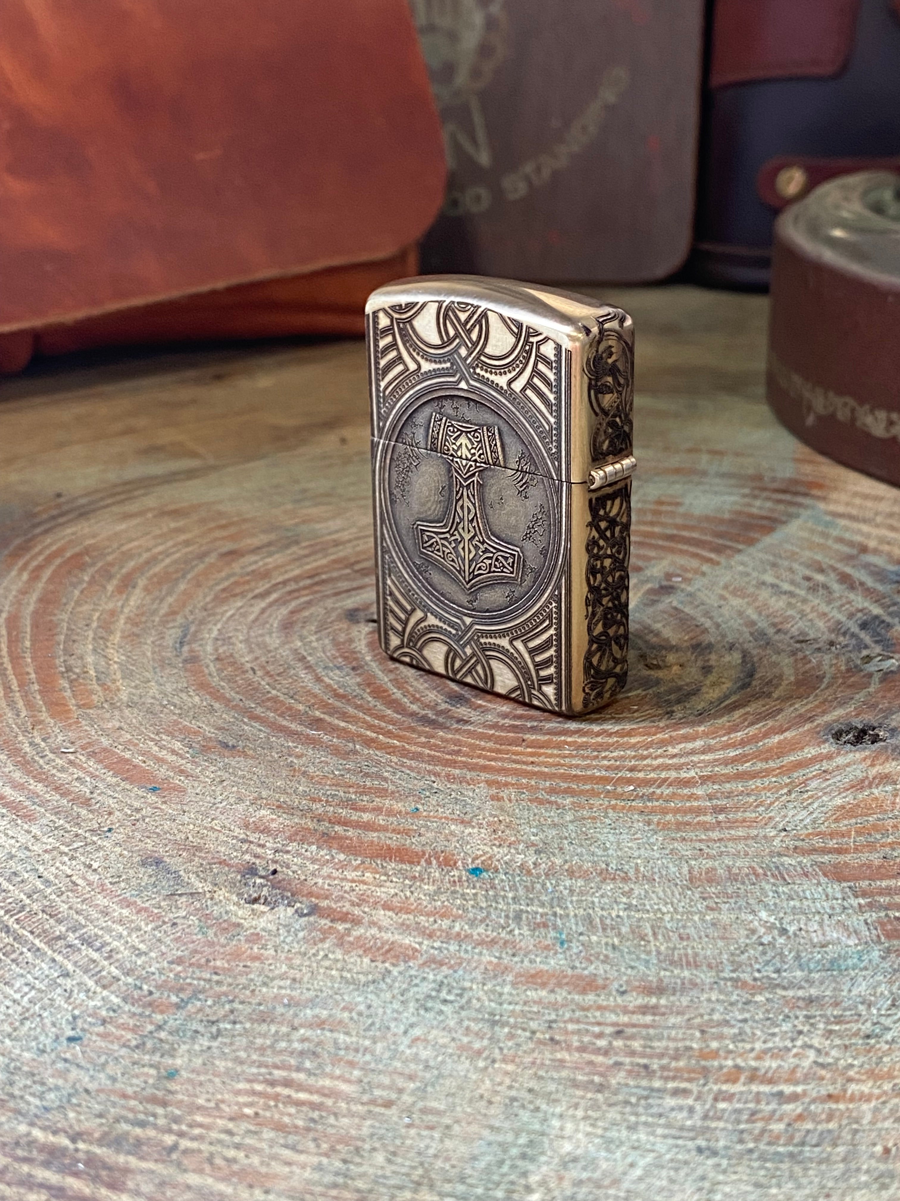 Huggin/ Muninn & Mjöllnir 3D | Odin & Thor | 4 Side Engraved | Brass Armor Zippo