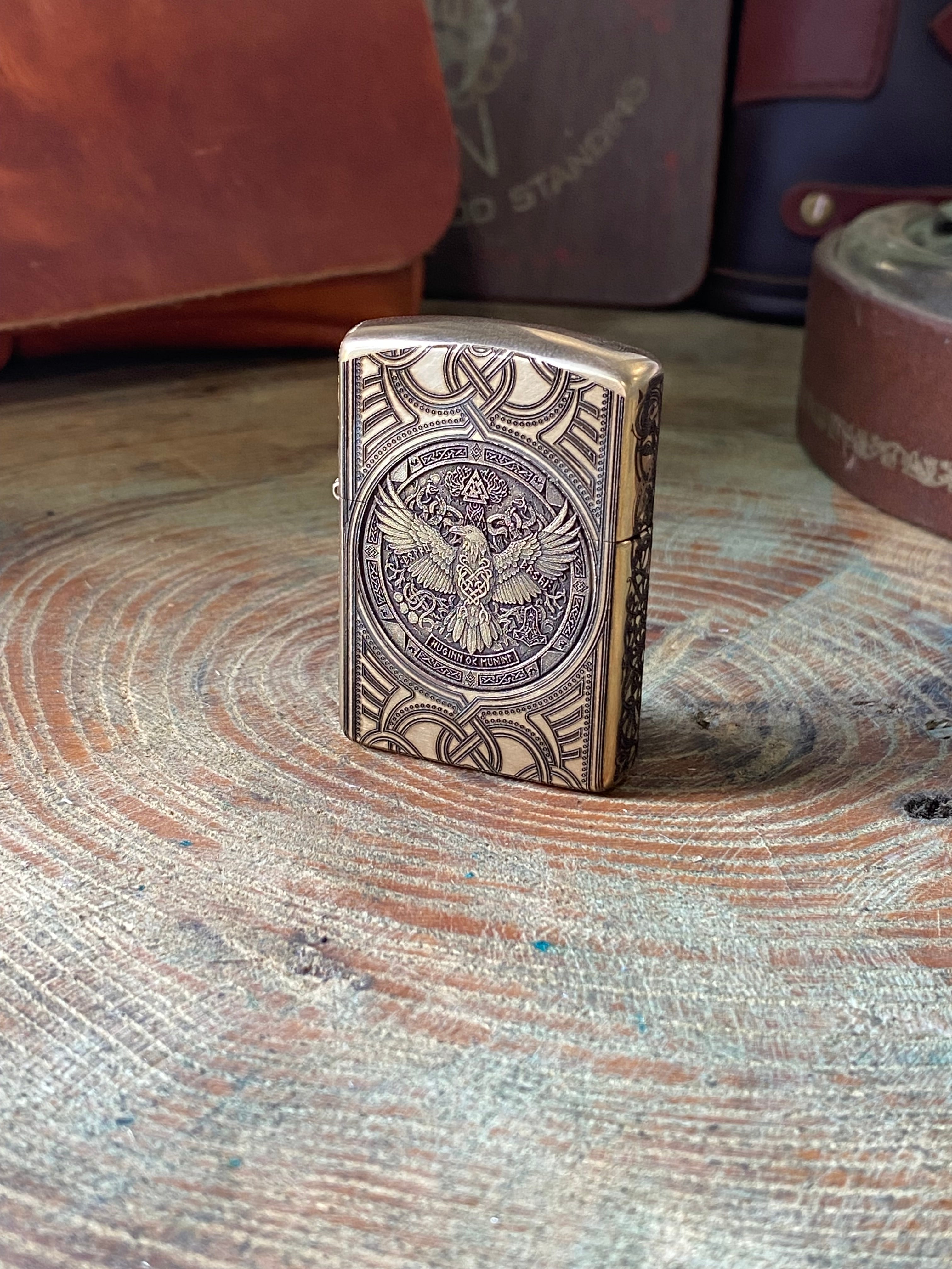 Huggin/ Muninn & Mjöllnir 3D | Odin & Thor | 4 Side Engraved | Brass Armor Zippo