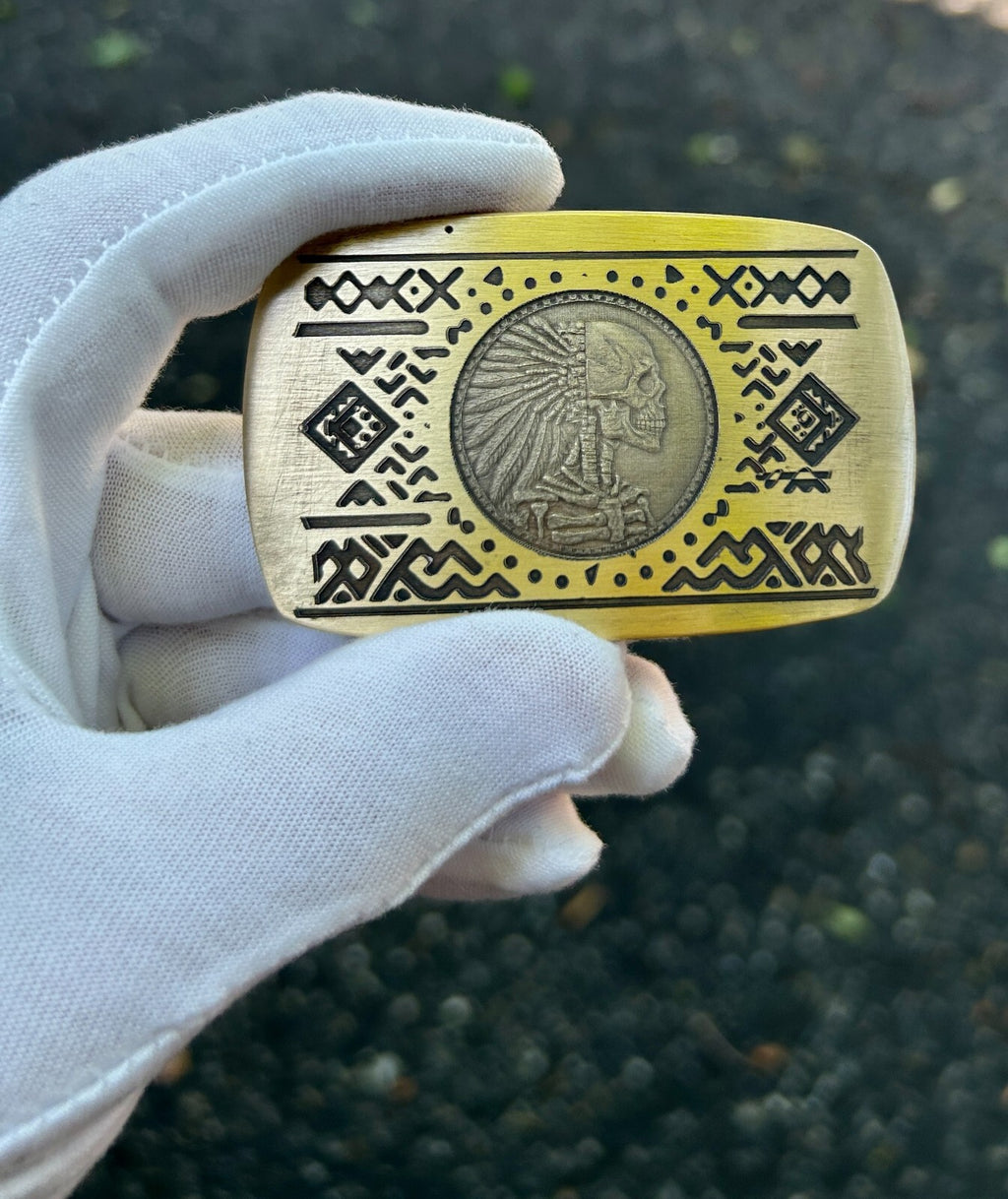 Aztec Theme Belt Buckle | Cast Polished Brass | Made in USA