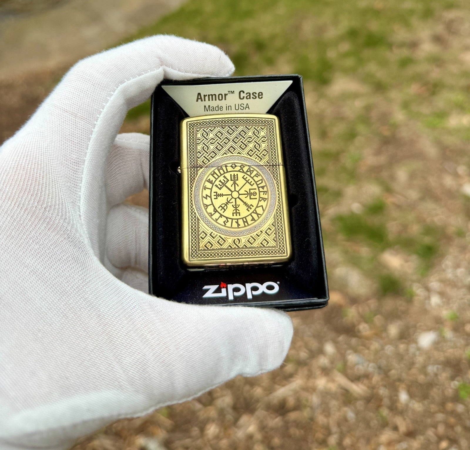 Engraved Brass Armor Zippo Helm of Awe Norse Pattern Hand Painted USA