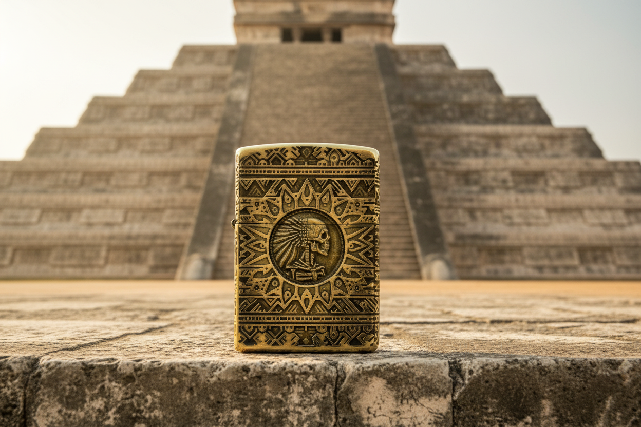 Aztec Warrior Skull 3D | 4 Side Engraved | Brass Armor Zippo