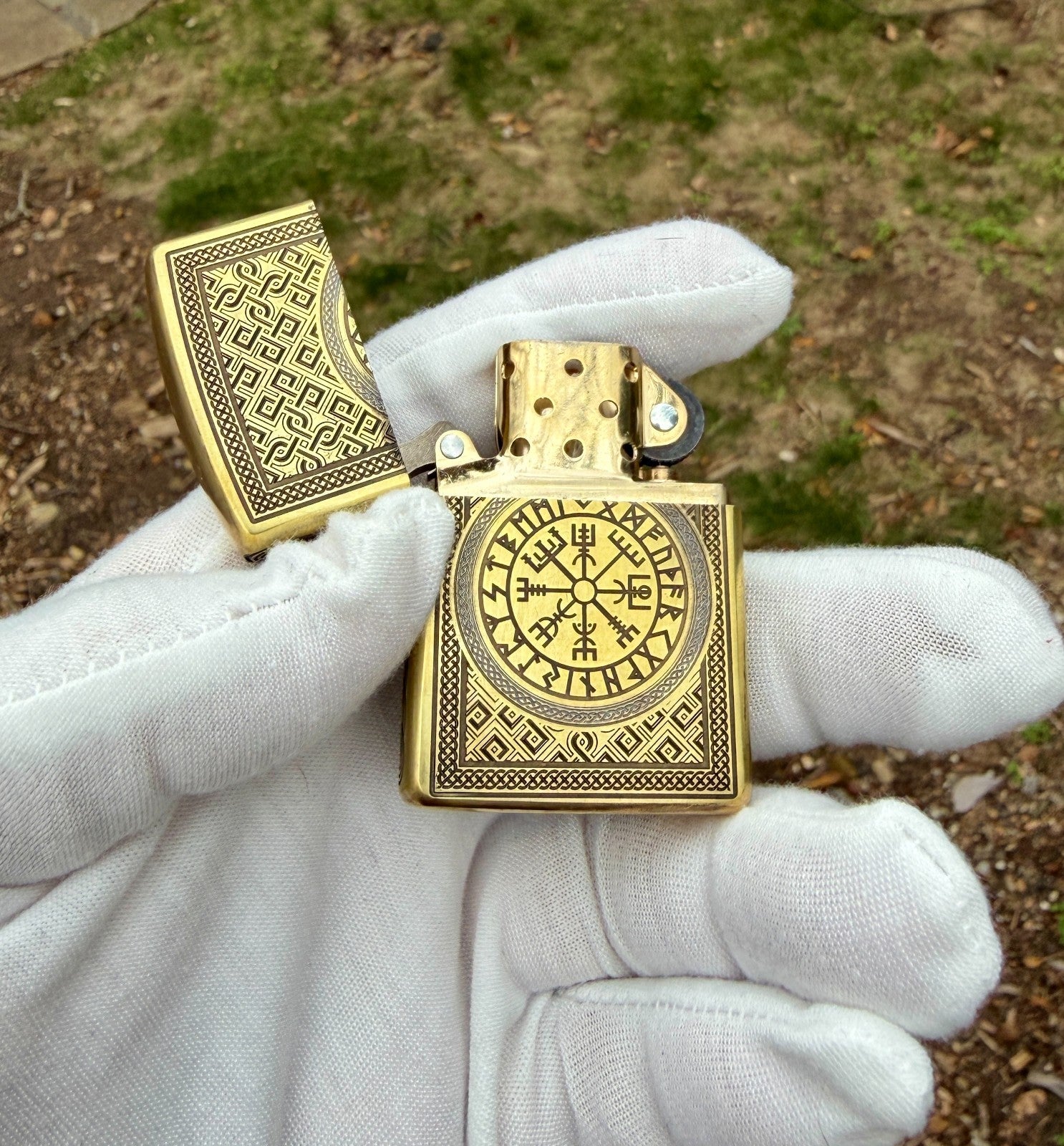 Engraved Brass Armor Zippo Helm of Awe Norse Pattern Hand Painted USA