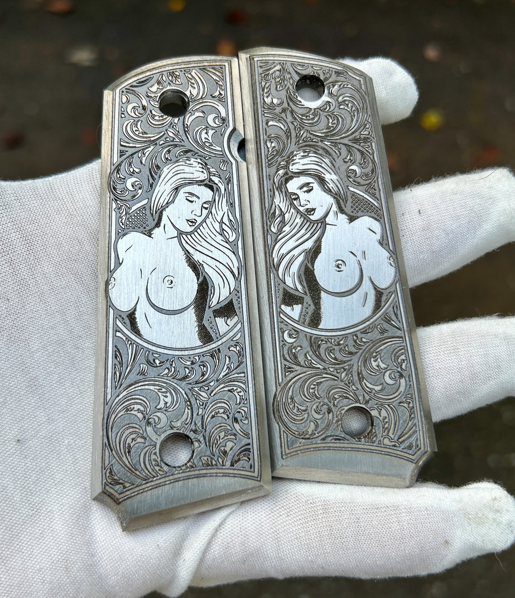 Stainless Steel Engraved 1911 Full Size Grips - Pinup Girl Design - Made in USA
