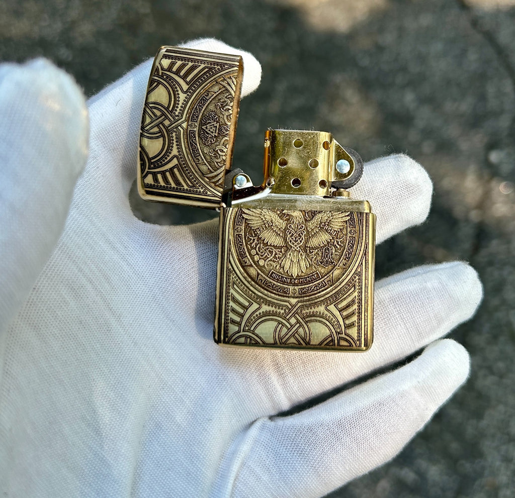 Custom Brass Armor Zippo Lighter | Norse Engraving Odin’s Raven & Mjöllnir |