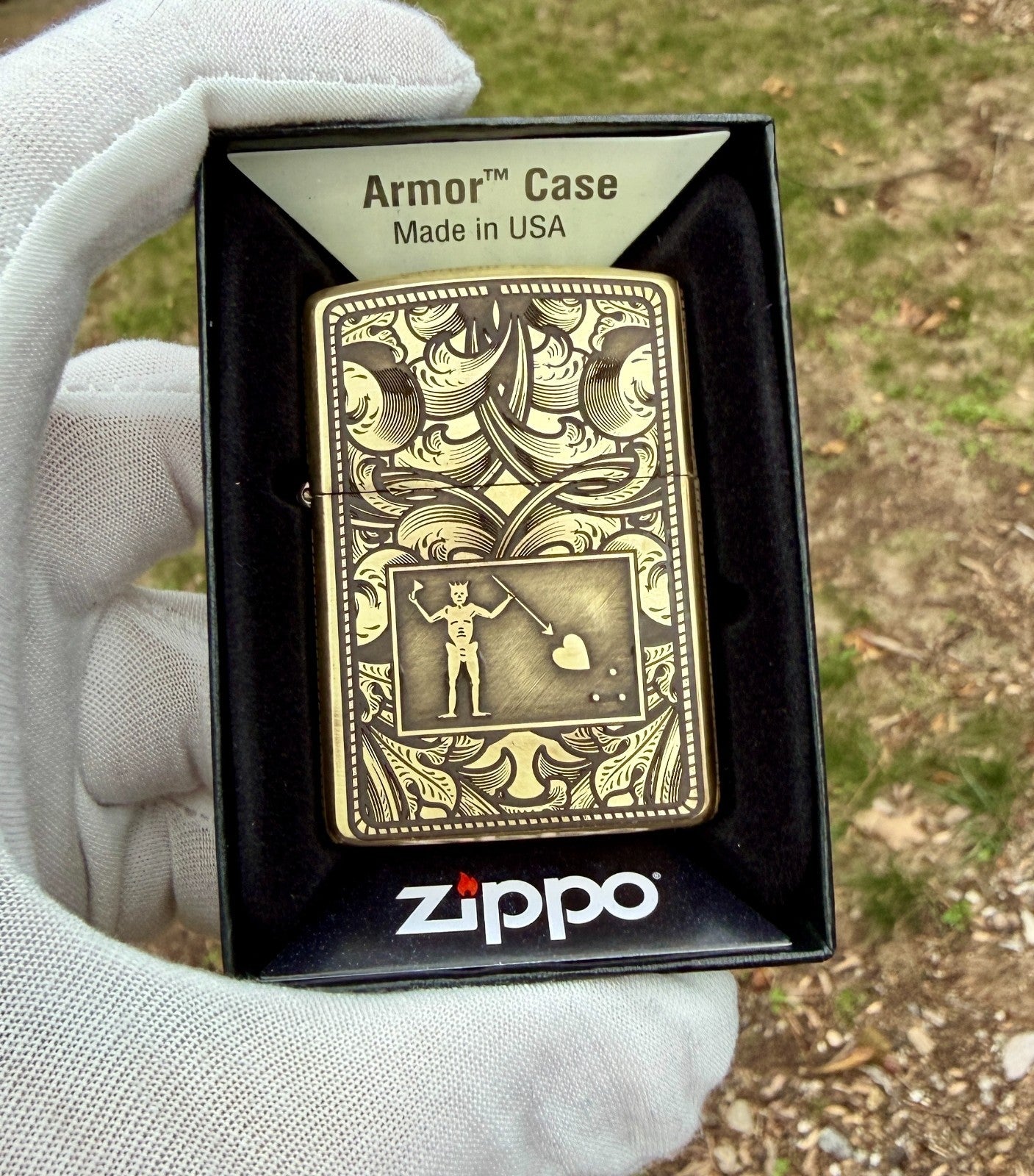 5-Side Engraved Brass Armor Zippo Lighter – Blackbeard Jolly Roger Filigree USA