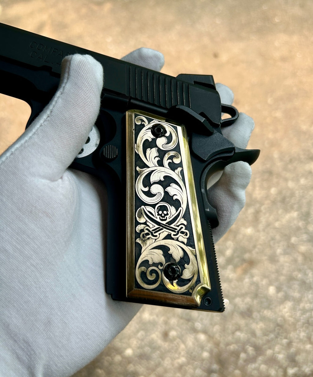 Blackbeard’s Flag Jolly Roger 1911 Compact Grips | Custom Engraved Brass |