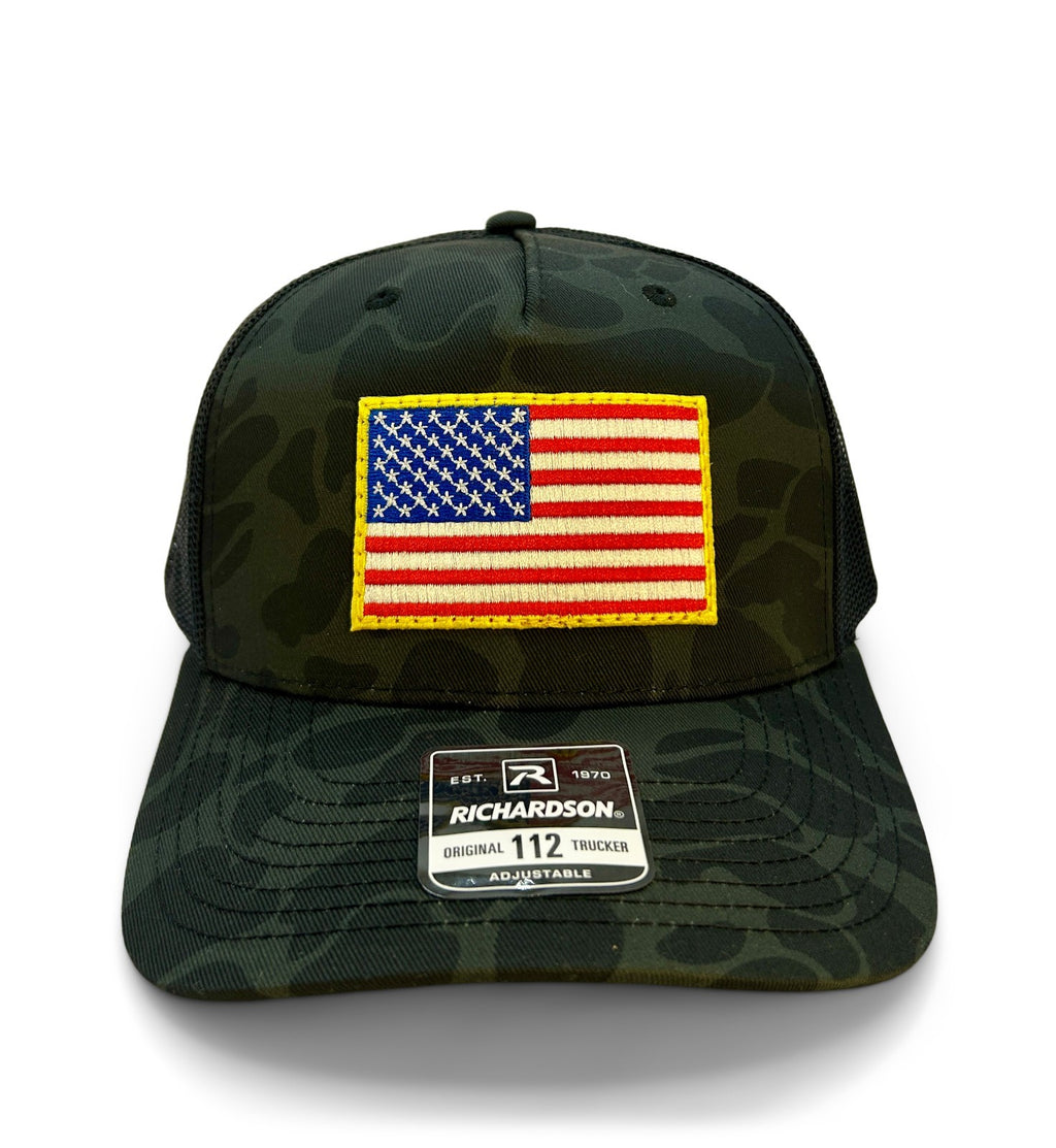 USA Flag Patch Hat Richardson 112 | Sable Duck Camo Trucker Cap | Adjustable