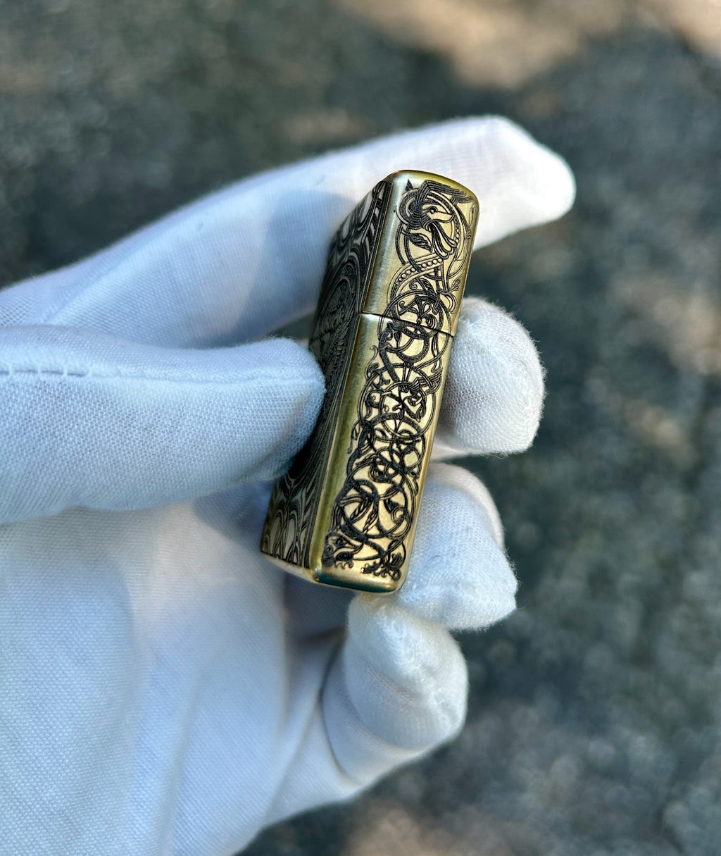 Custom Brass Armor Zippo Lighter | Norse Engraving Odin’s Raven & Mjöllnir |