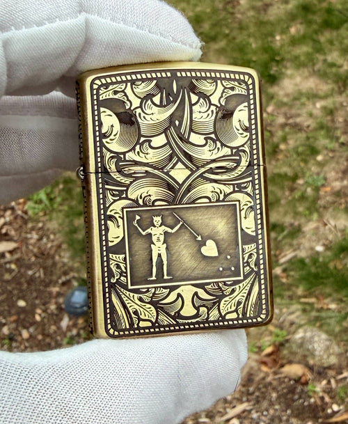 5-Side Engraved Brass Armor Zippo Lighter – Blackbeard Jolly Roger Filigree USA