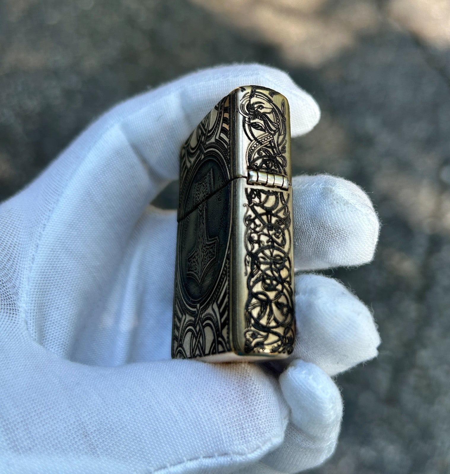 Custom Brass Armor Zippo Lighter | Norse Engraving Odin’s Raven & Mjöllnir |