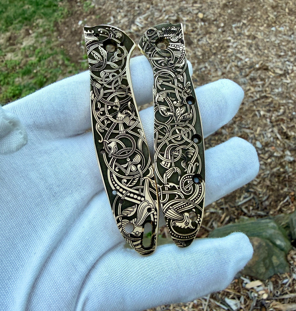 Brass Engraved Scales for Kershaw Leek – Norse Design – Made in USA –