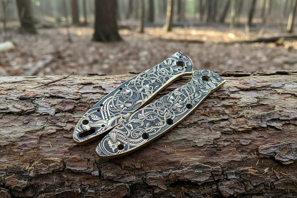 Brass Engraved Scales for Kershaw Leek – Norse Design – Made in USA –
