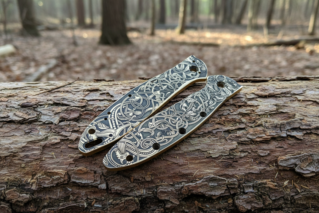 Brass Engraved Scales for Kershaw Leek – Norse Design – Made in USA –