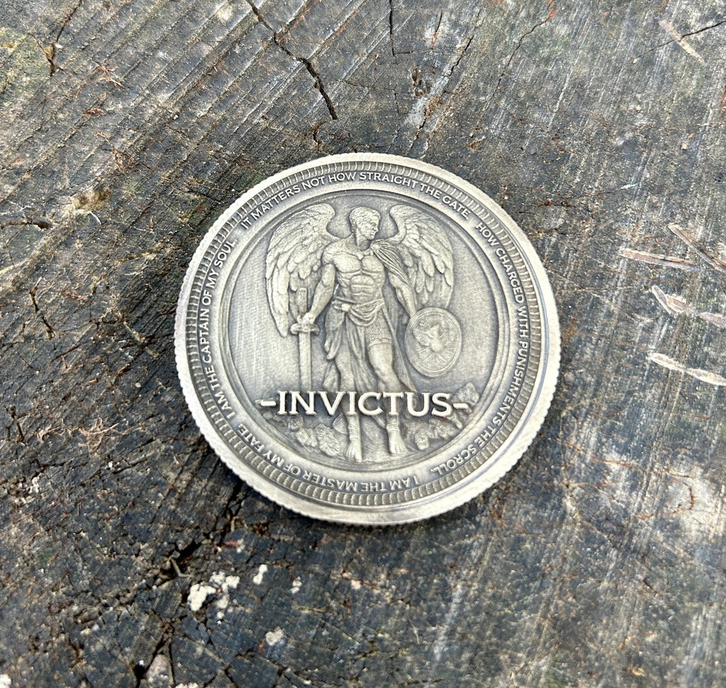 Invictus EDC Brass Coin 50mm | Warrior Engraving | "Master of My Fate" Soul Quot
