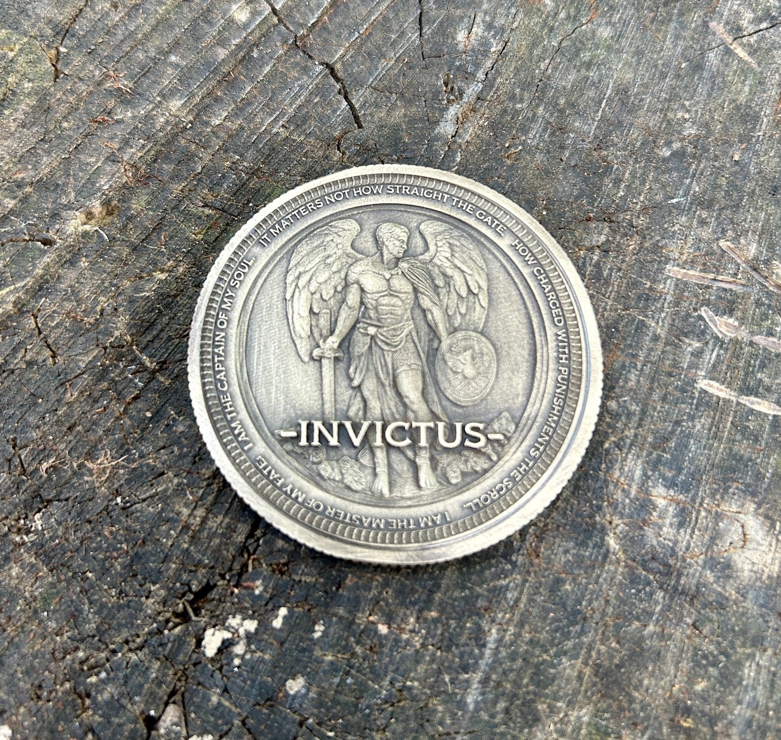 Invictus EDC Brass Coin 50mm | Warrior Engraving | "Master of My Fate" Soul Quot