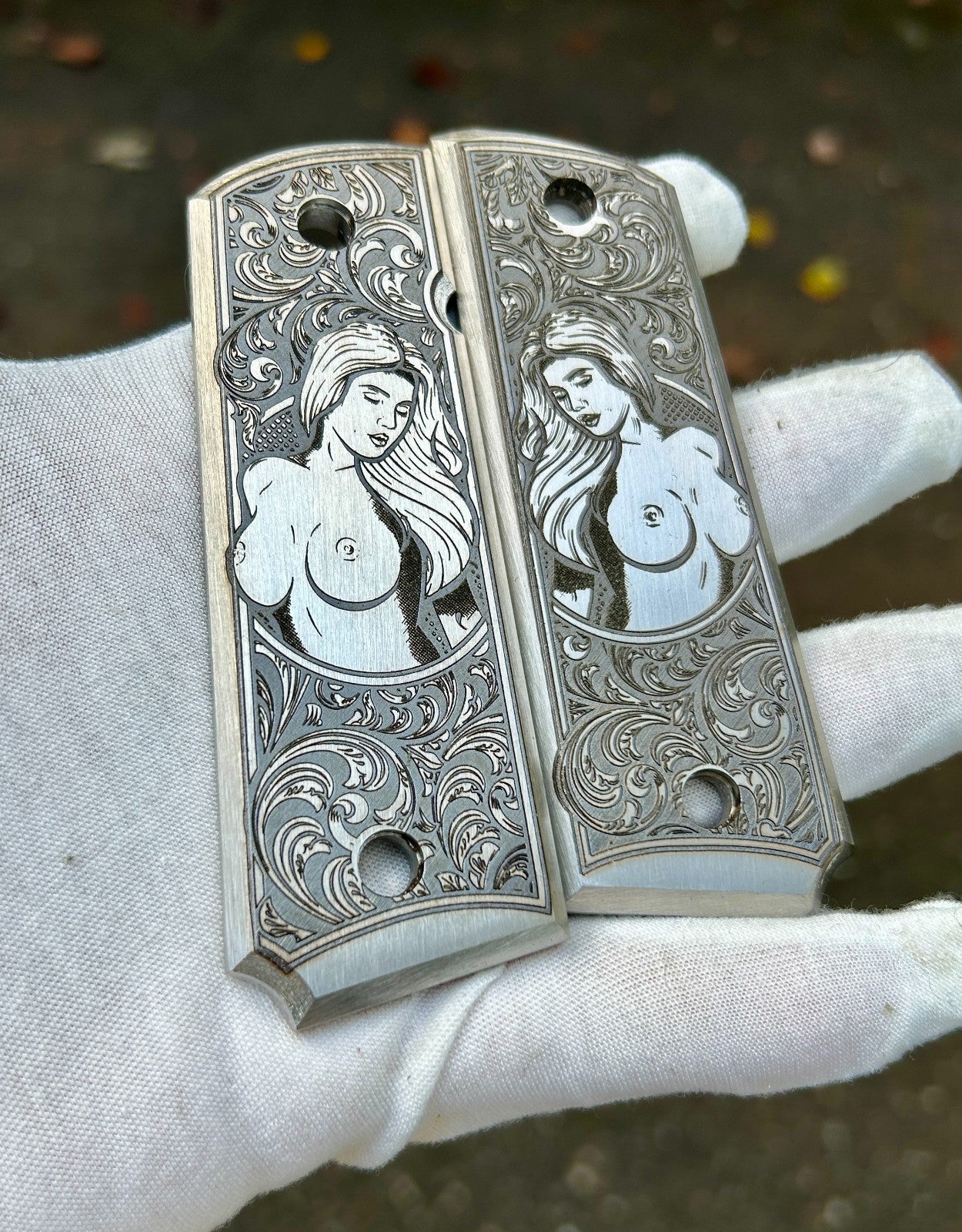 Stainless Steel Engraved 1911 Full Size Grips - Pinup Girl Design - Made in USA