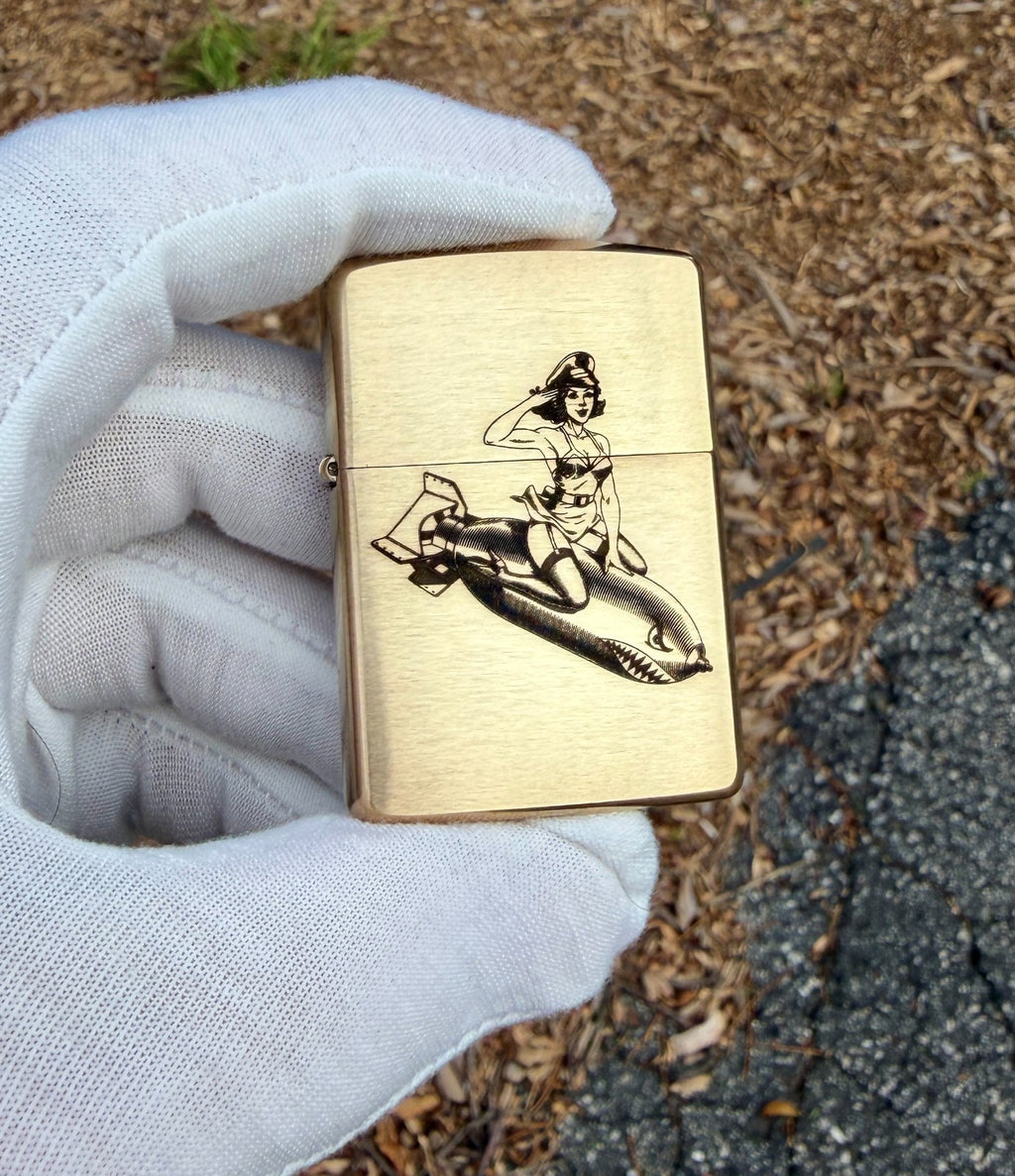 WWII Pinup Girl on Bomb Engraved Brass Armor Zippo Lighter – Made in USA