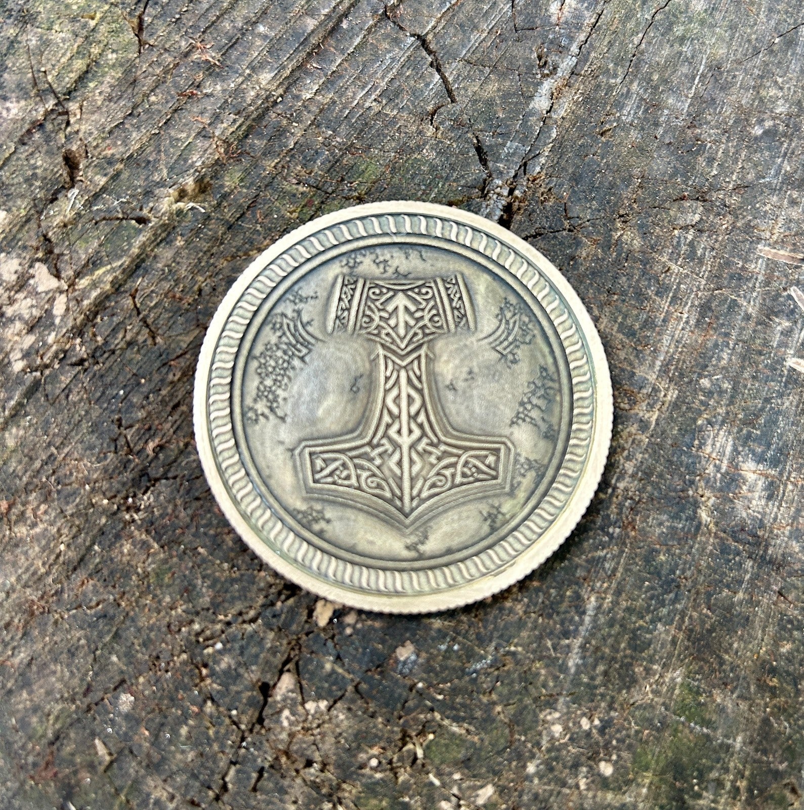Norse Symbol EDC Coin Solid Brass 50mm | Thor's Hammer & Huginn Muninn |USA Made