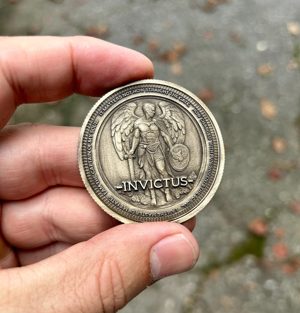 Invictus EDC Brass Coin 50mm | Warrior Engraving | "Master of My Fate" Soul Quot