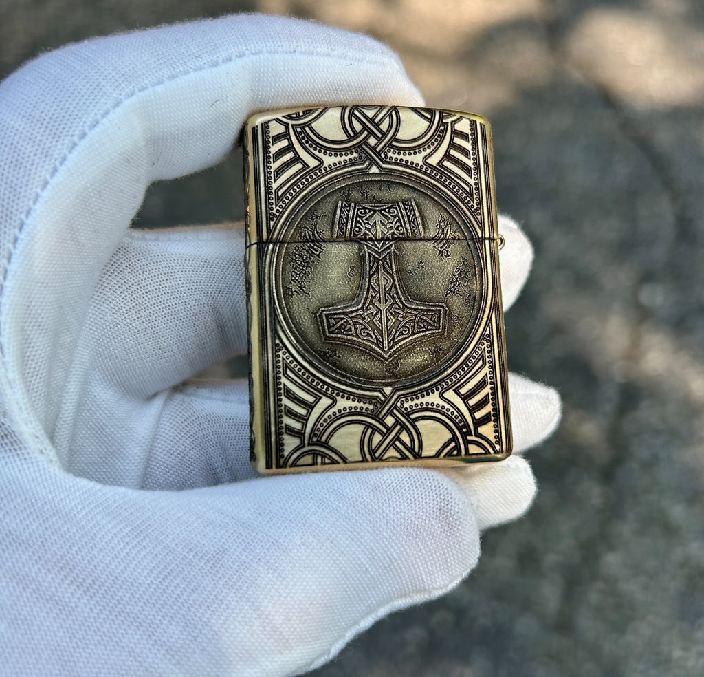 Custom Brass Armor Zippo Lighter | Norse Engraving Odin’s Raven & Mjöllnir |