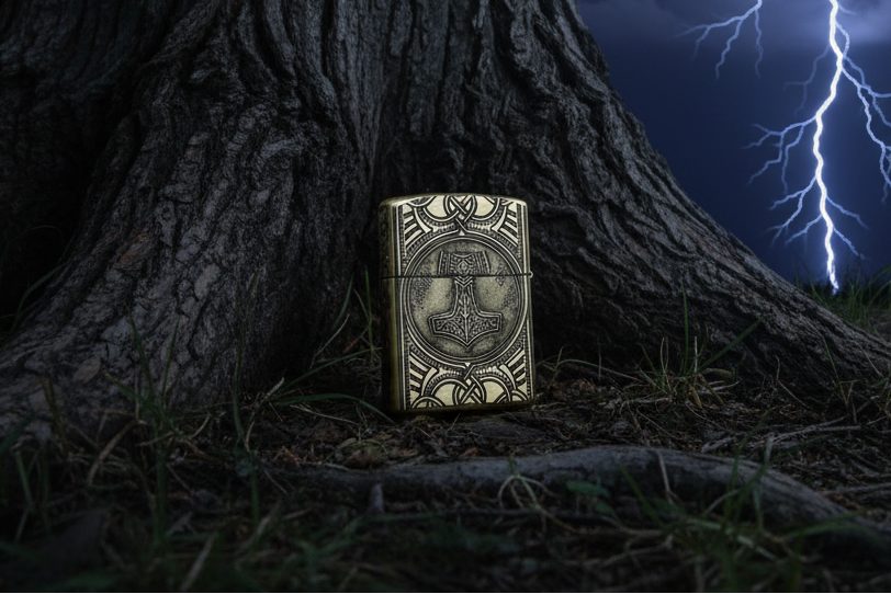 Huggin/ Muninn & Mjöllnir 3D | Odin & Thor | 4 Side Engraved | Brass Armor Zippo