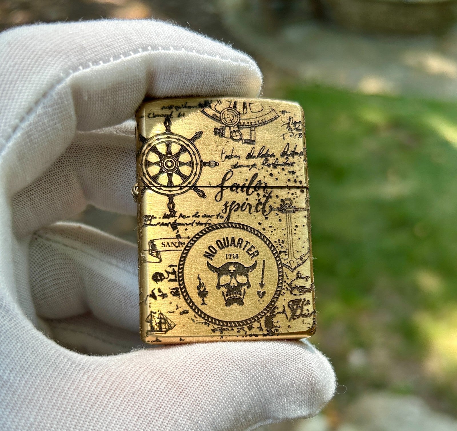 Blackbeard Flag Brass Armor Zippo | 4-Sided Deep Engraving | Pirate Jolly Roger