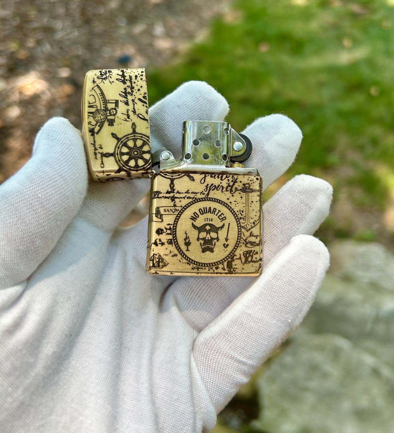 Blackbeard Flag Brass Armor Zippo | 4-Sided Deep Engraving | Pirate Jolly Roger