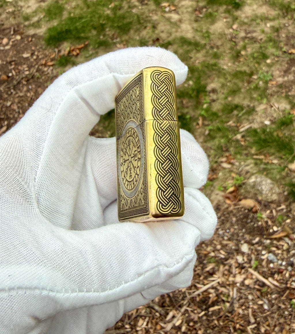 Engraved Brass Armor Zippo Helm of Awe Norse Pattern Hand Painted USA