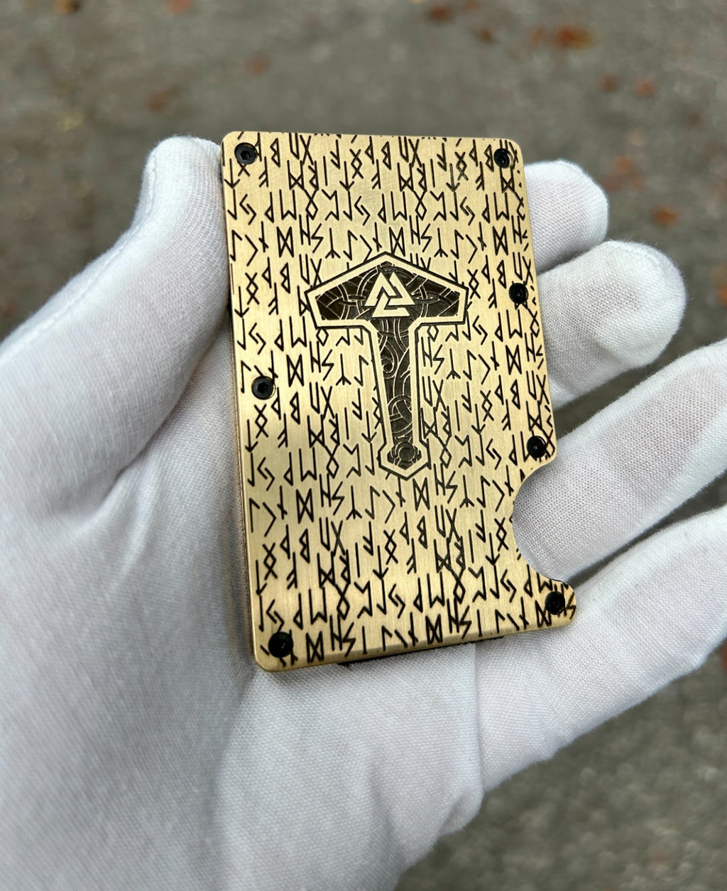 Norse Viking Design Engraved Brass Card Wallet | Minimalist | RFID Shield |