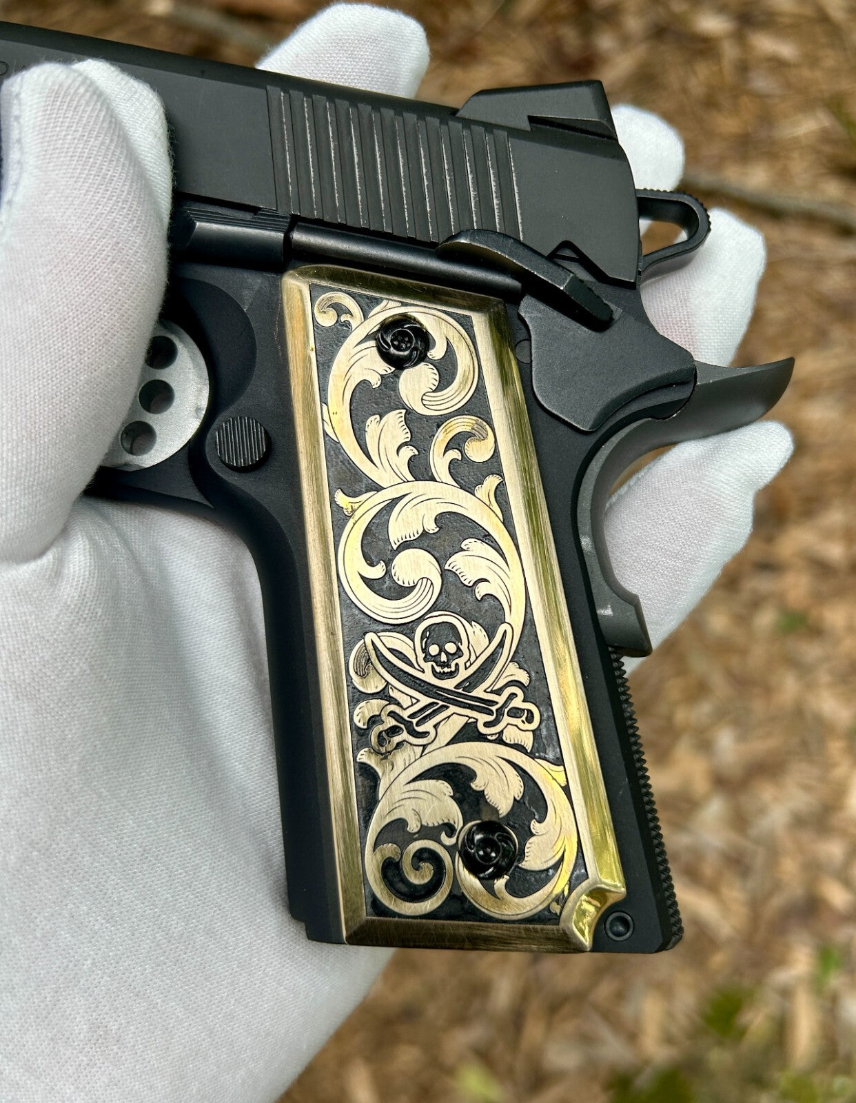 Blackbeard’s Flag Jolly Roger 1911 Compact Grips | Custom Engraved Brass |