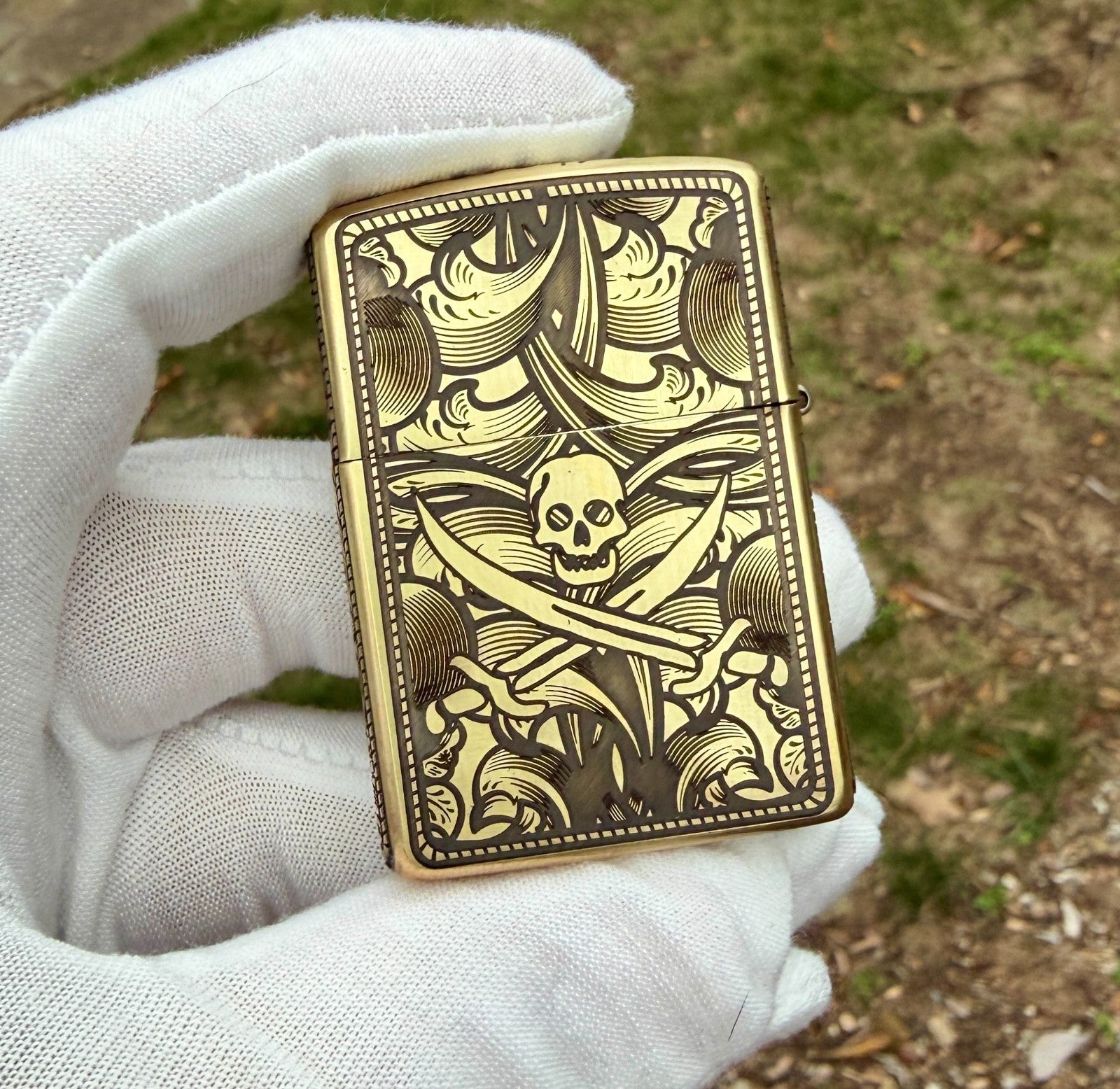 5-Side Engraved Brass Armor Zippo Lighter – Blackbeard Jolly Roger Filigree USA