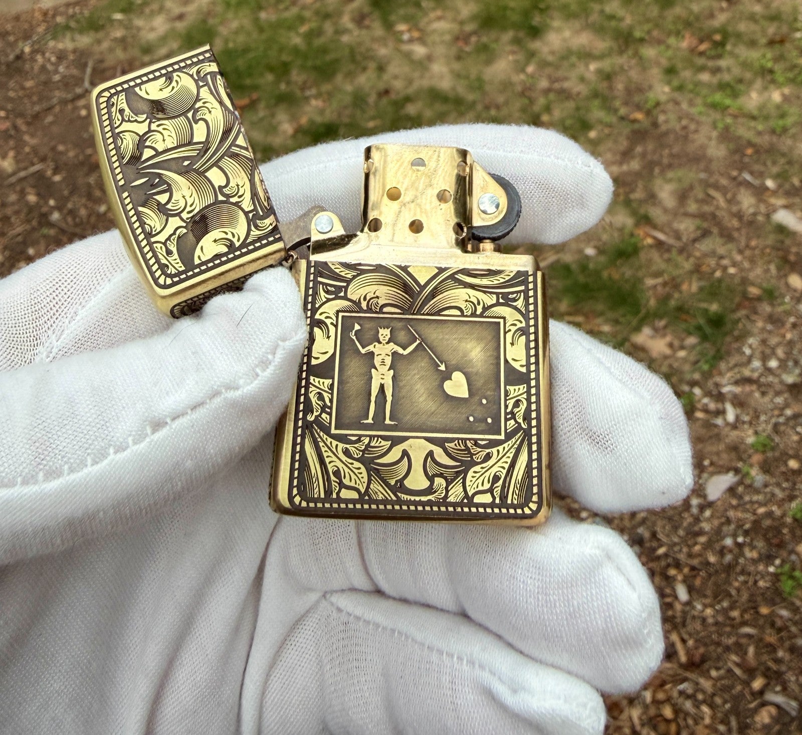 5-Side Engraved Brass Armor Zippo Lighter – Blackbeard Jolly Roger Filigree USA