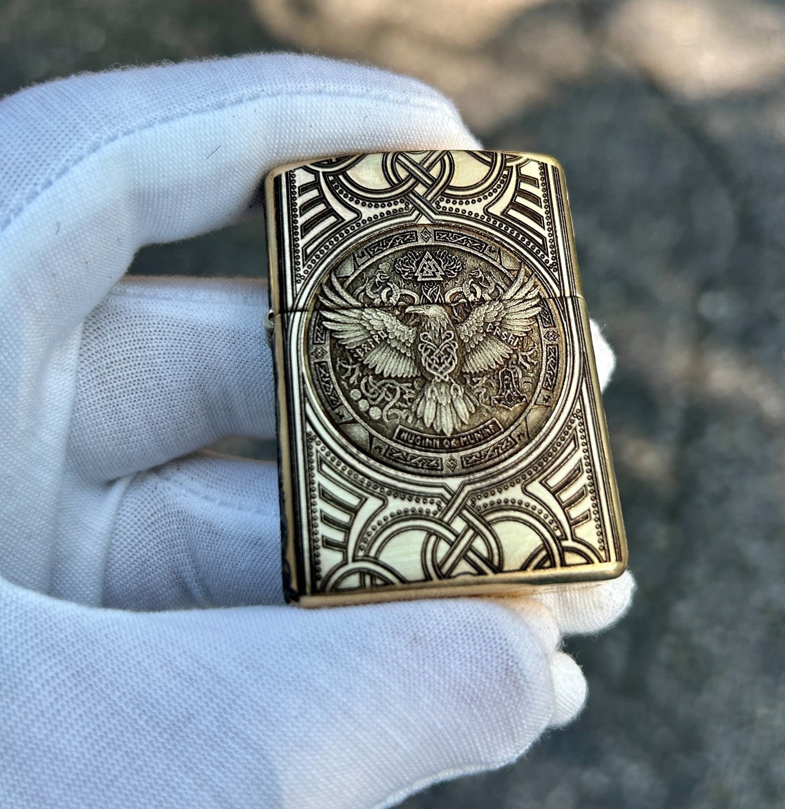 Custom Brass Armor Zippo Lighter | Norse Engraving Odin’s Raven & Mjöllnir |