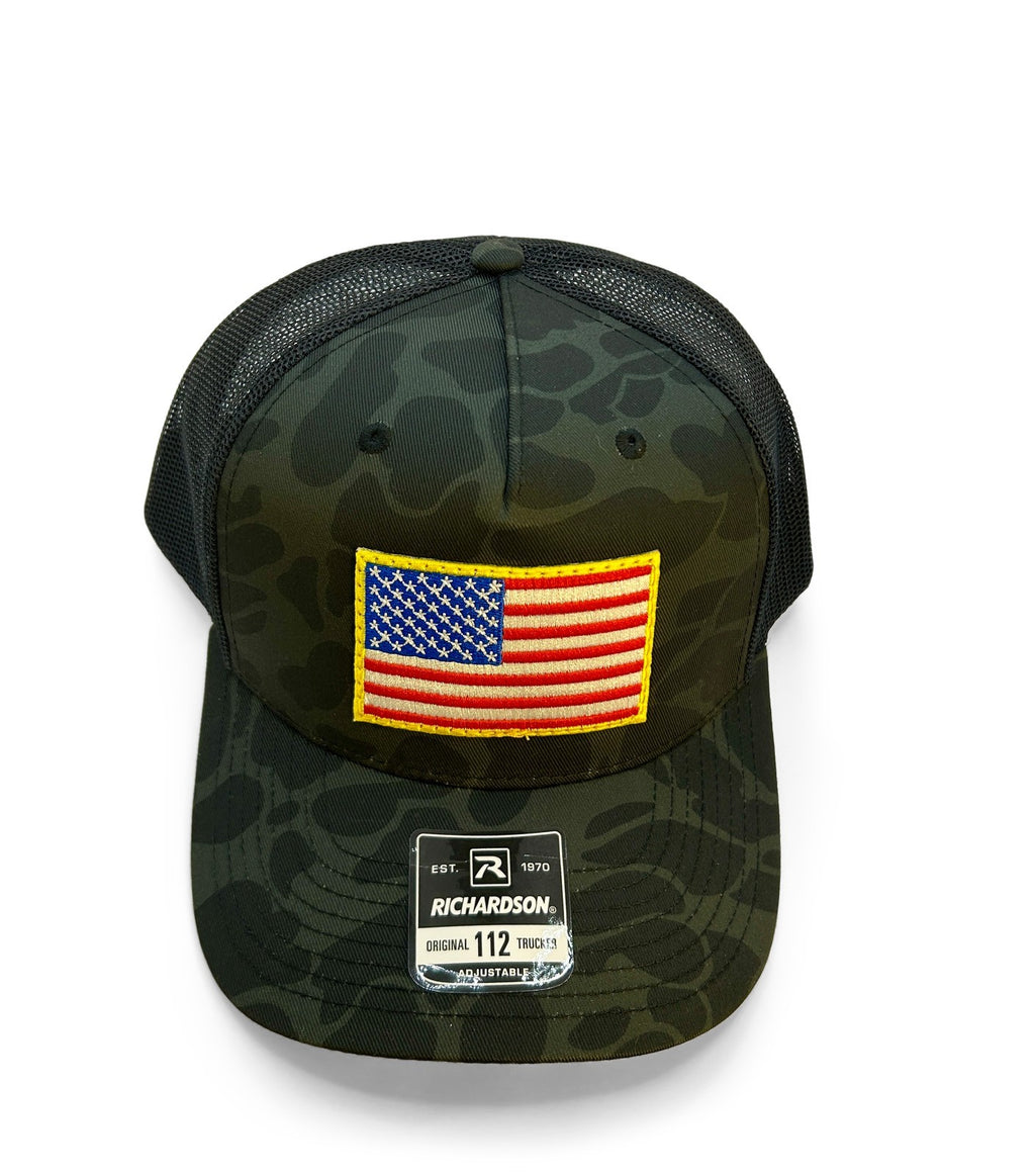 USA Flag Patch Hat Richardson 112 | Sable Duck Camo Trucker Cap | Adjustable