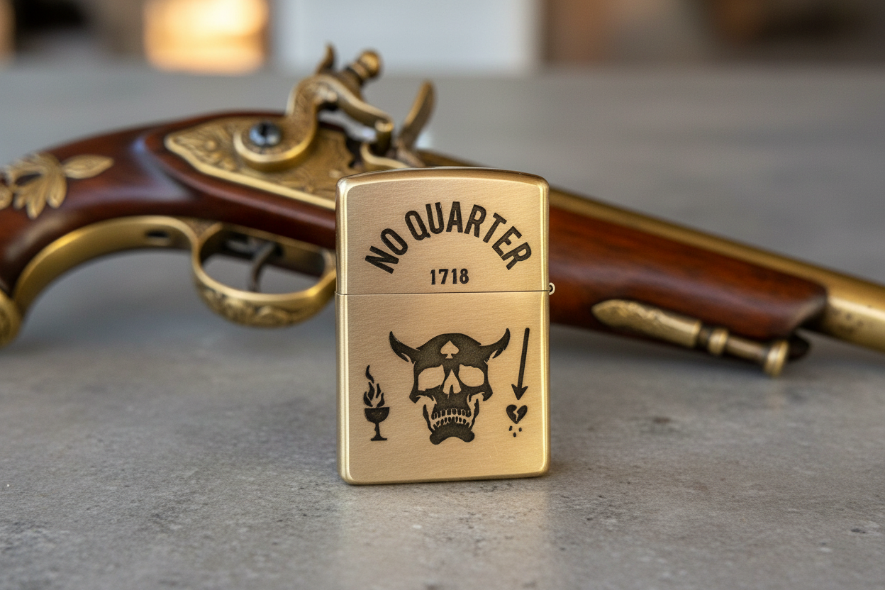 Blackbeard’s Flag 1718 “No Quarter” | 2 Side Engraved | Brass Armor Zippo