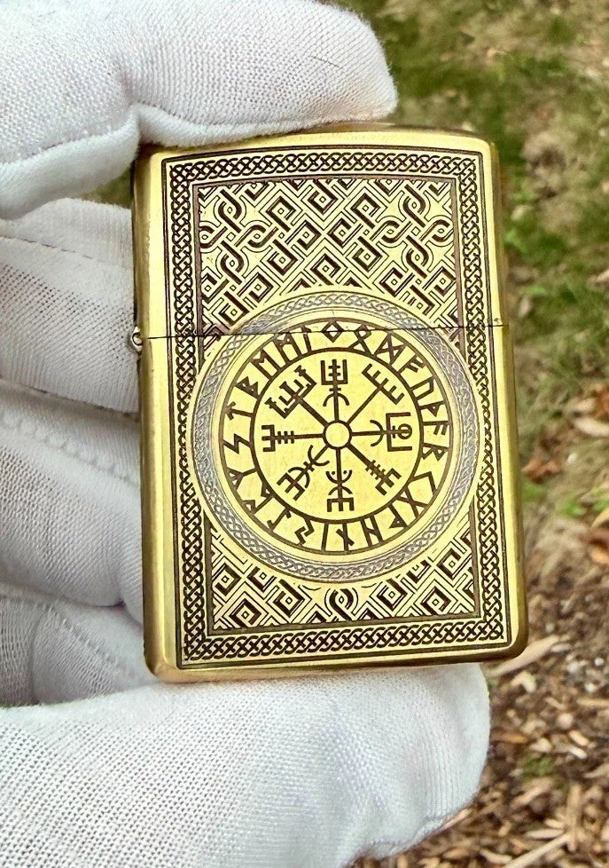 Engraved Brass Armor Zippo Helm of Awe Norse Pattern Hand Painted USA