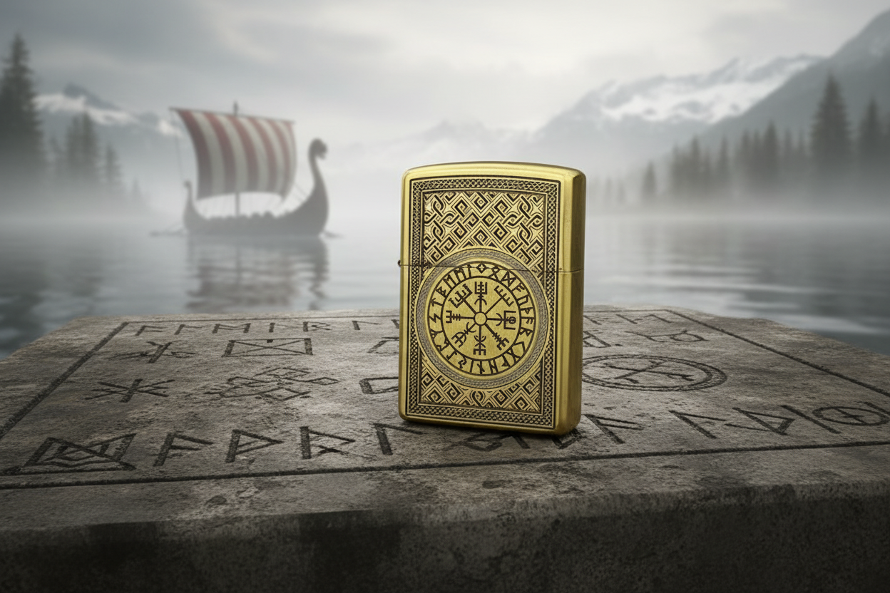 Helm of Awe | 4 Side Engraved | Brass Armor Zippo