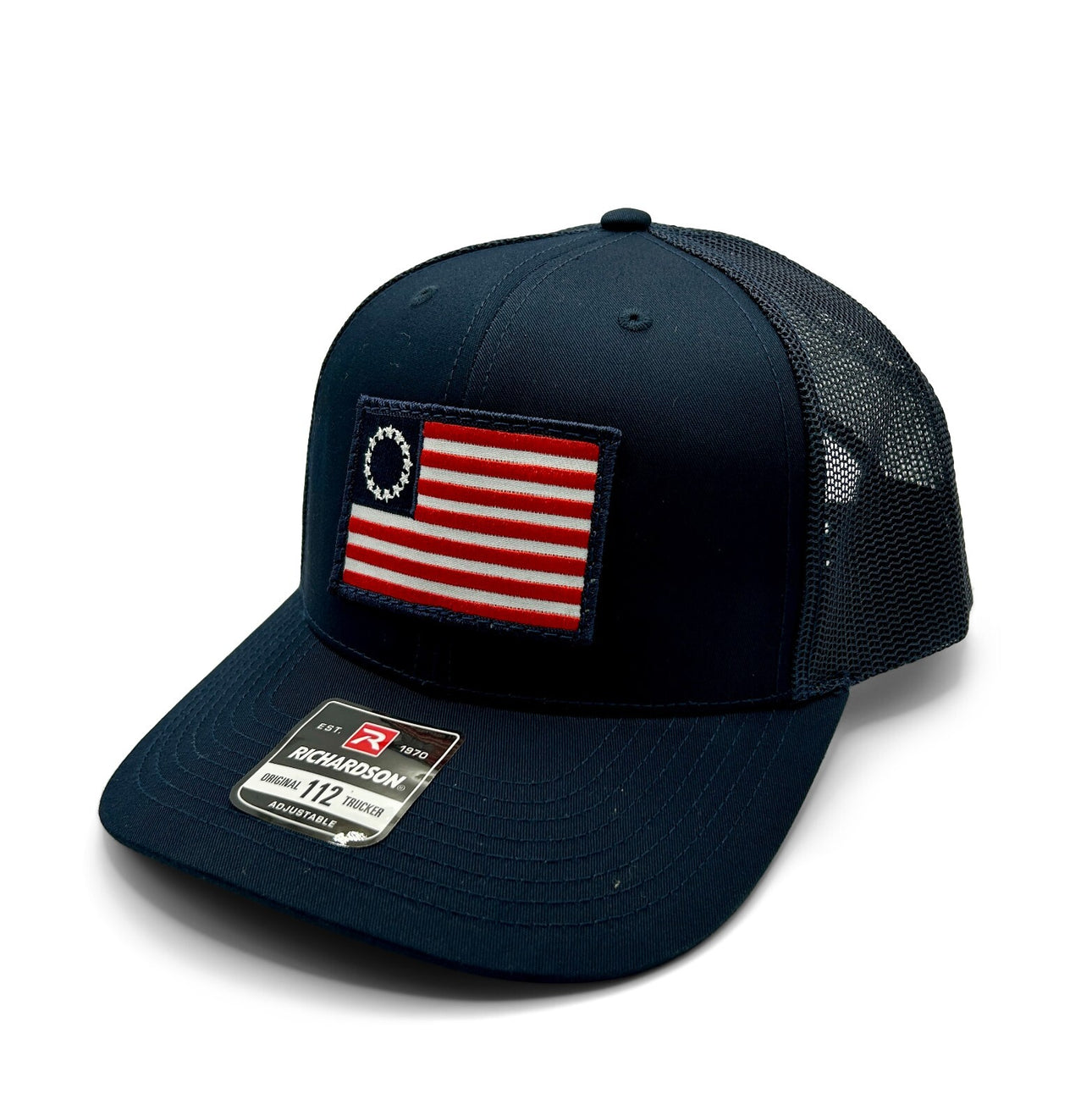 Betsy Ross Flag Patch Hat | Richardson 112 SnapBack Trucker | Navy